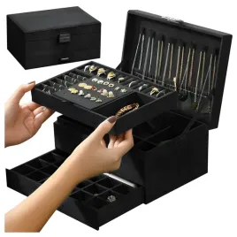 szkatulka-na-bizuterie-organizer-2-poziomy-szuflada-klucz-kuferek-czarna