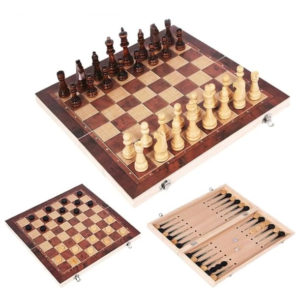 SZACHY DREWNIANE KLASYCZNE WARCABY TRYKTRAK BACKGAMON GRA 3W1 24X24