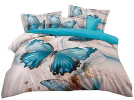 posciel-160x200-cm-komplet-3-czesci-turkusowy-3d-motyle-zloty-brokat