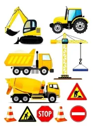 wydruk-cukrowy-tort-koparka-maszyny-budowlane-zestaw-postaci