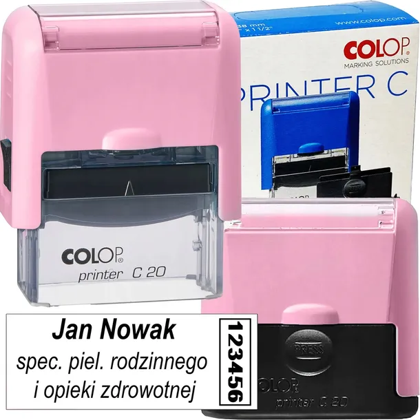 Pieczątka pielęgniarki różowa COLOP C20 14x38mm z gumką