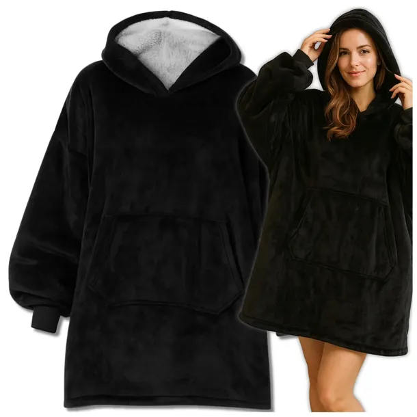 KOC BLUZA OVERSIZE CIEPŁA 2W1 GRUBA FUTRZAK KOCOBLUZA Z KAPTUREM CZARNY