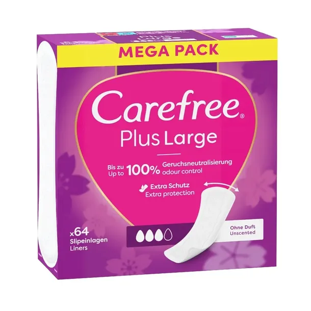 Wkładki higieniczne CAREFREE Plus Large BEZZAPACHOWE 64 sztuki
