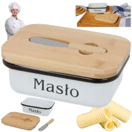 ladna-biala-maselnica-z-nozykiem-maselniczka-bambus-metal-z-napisem-maslo