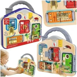 tablica-manipulacyjna-sensoryczna-drzwiczki-zamki-lampka-zegar-hape