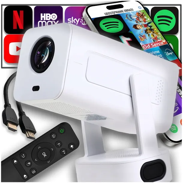 PROJEKTOR RZUTNIK FILMOWY ANDROID TV WIFI BLUETOOTH FULL HD PRZENOŚNY BIAŁY