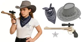 stroj-kowbojki-kowboj-szary-kapelusz-bandana-odznaka-rewolwer-pistolet