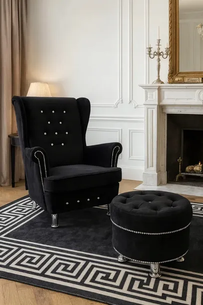 Fotel uszak i pufa okrągła z kryształkami Glamour