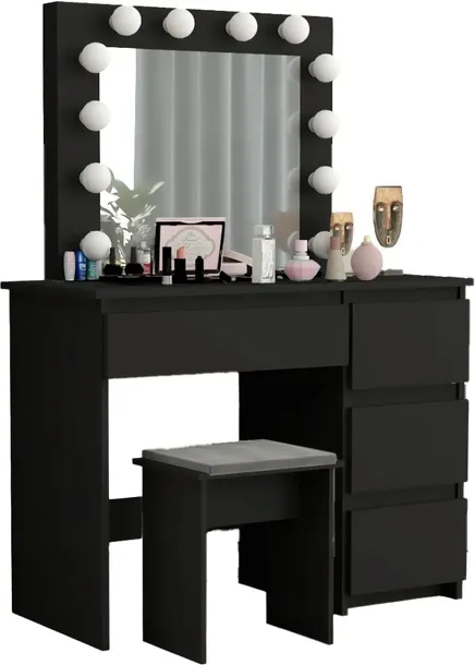 TOALETKA kosmetyczna LUSTRO 12 LED TABORET tapicerowany CZARNY