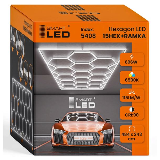 Lampa LED Hexagon Sufitowa Panel Oświetlenie Do Garaż Warsztat 484 x 243 cm