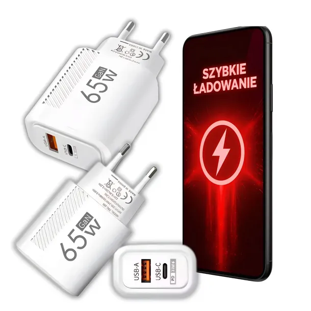 ŁADOWARKA DO TELEFONU SZYBKA 65W USB USB-C KOSTKA WTYCZKA SZYBKIE ŁADOWANIE