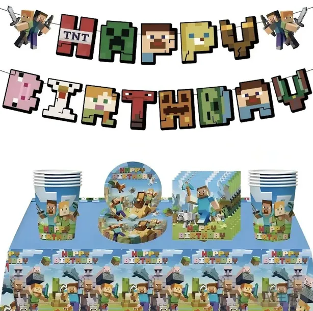 Zestaw Urodzinowy Minecraft Balony KUBKI TALERZYKI SERWETKI DEKORACJA 42 el