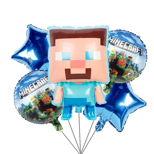 Balony Minecraft foliowy Steve BALON pixel zestaw na urodziny 5 szt + RURKA