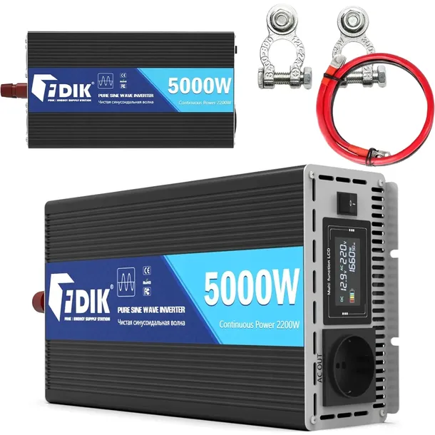PRZETWORNICA FALOWNIK 5000W 12V CZYSTA SINUSOIDA DC AC 230V LCD