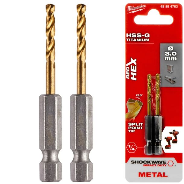 2x WIERTŁA METALU 3 mm MILWAUKEE HSS-G Tytanowe Udarowe HEX R6