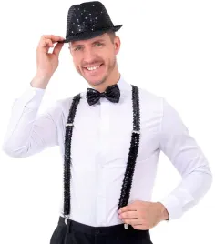 stroj-disco-czarny-kapelusz-cekinowy-szelki-muszka-mucha