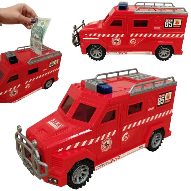 SKARBONKA SEJF DUŻA NA PREZENT MONETY BANKNOTY STRAŻ POŻARNA AUTO COIL