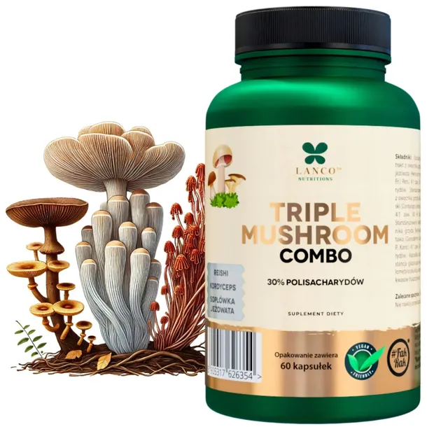 TRIPLE MUSHROOMS COMBO Lions Mane Reishi Kordyceps LANCO 60 kaps.