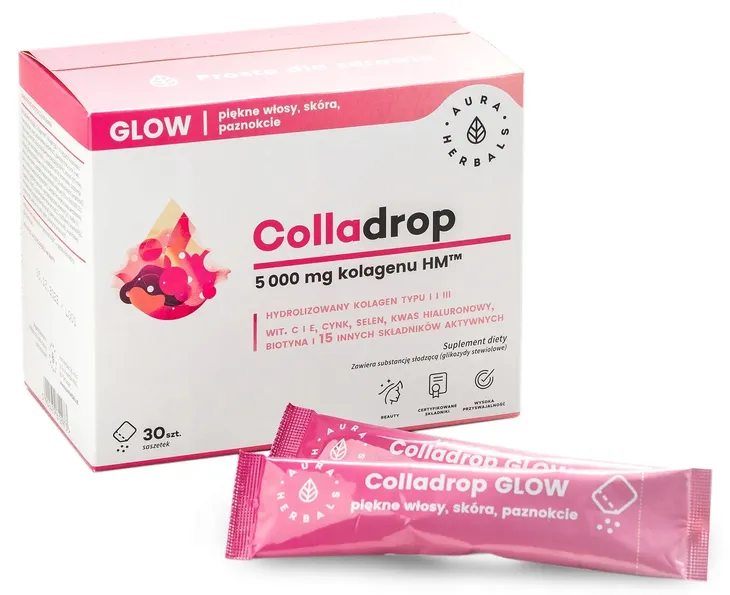 COLLADROP GLOW 5000mg KOLAGENU MORSKIEGO typu I i III Aura Herbals 30 sasz.