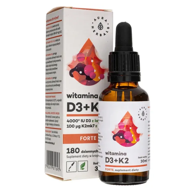 WITAMINA D3 4000IU + K2MK7 FORTE 100% NATURALNE SKŁADNIKI Aura Herbals 30ml