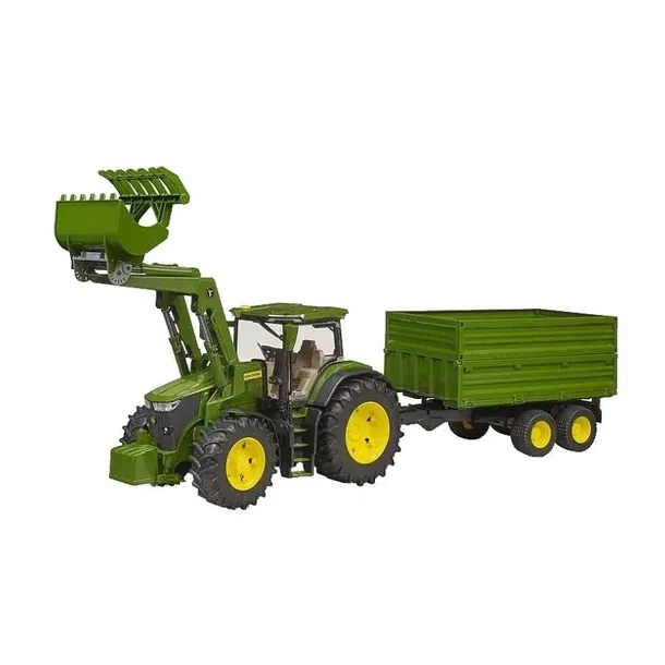Ciągnik John Deere 7R 350 Bruder 03155 z ładowaczem czołowym i przyczepą