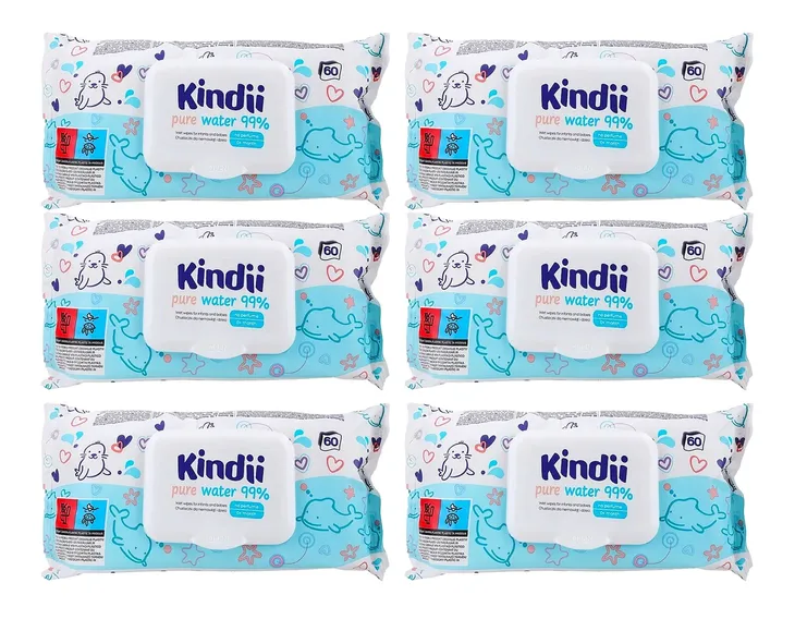 Chusteczki mokre Kindii PURE 99% WATER DLA DZIECI 0m+ 6 opakowań 360 sztuk