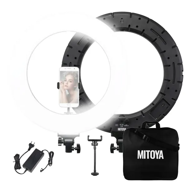 LAMPA PIERŚCIENIOWA LED RING 45CM 3000-6000K + UCHWYT NA TELEFON MITOYA
