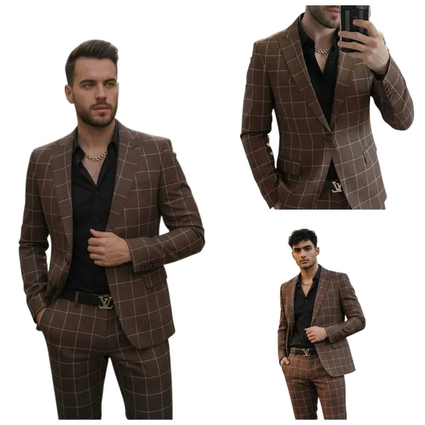 Marynarka męska Slim Fit Brąz w Kratę Sportowa Elegancka Gust Man r 52 L