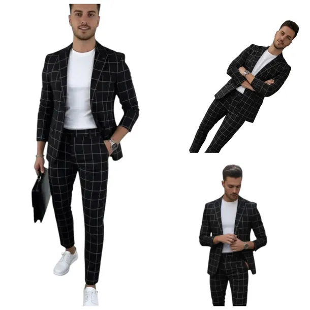 Garnitur Komplet Czarny w Krata Sportowo Elegancki Wizytowy Slim 50/32 M