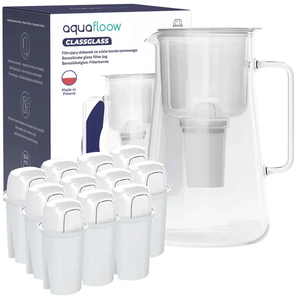 Dzbanek filtrujący szklany AquaFloow ClassGlass 3l biały + 12x filtr wody