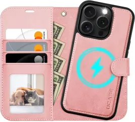 ocase-etui-skorzane-magsafe-do-iphone-16-pro-z-klapka-stojak-rozowe-2w1