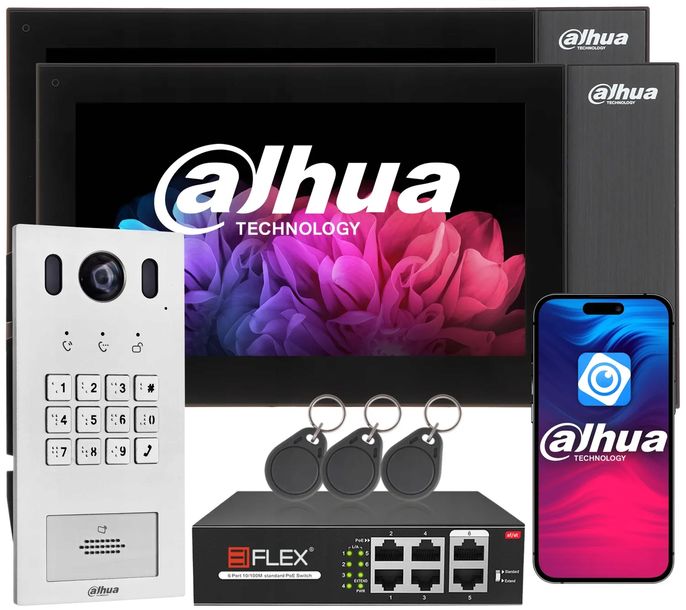 Wideodomofon na 2 monitory IP Dahua 7'' LCD Aplikacja DMSS Czytnik Breloki