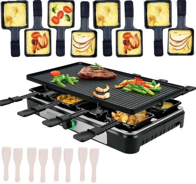 GRILL ELEKTRYCZNY RACLETTE DUŻY XXL 8 osób MOCNY 1400W PATELENKI SZPATUŁKI