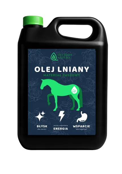OLEJ LNIANY DLA KONI 5L – 100% NATURALNY,TŁOCZONY NA ZIMNO | PASZA + GRATIS