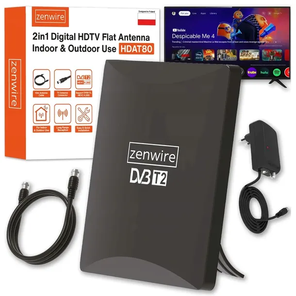 Antena do Telewizji TV Naziemnej DVB-T2 HEVC 2w1 Zewnętrzna Wewnętrzna 4K