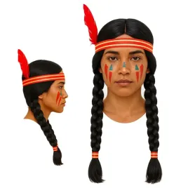 peruka-indianska-z-piorkiem-czerwonym-60cm