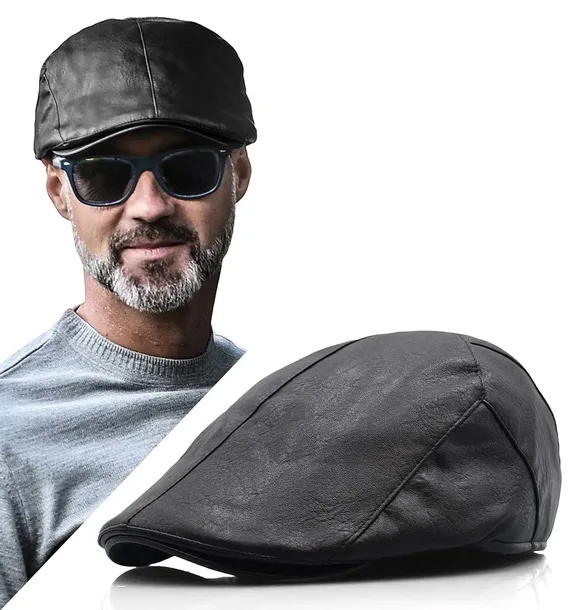 Kaszkiet męski skórzany PREMIUM ocieplany zimowy czarny Pako Jeans