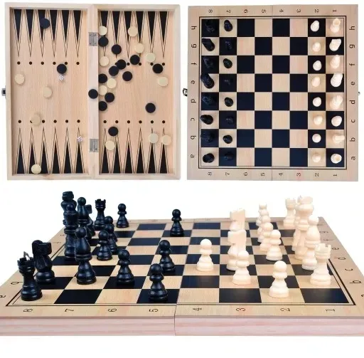 Szachy drewniane 3w1 warcaby dla dzieci tryktrak gry logiczne planszowe