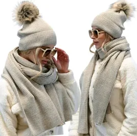 bezowy-komplet-damski-czapka-z-pomponem-duzy-szalik-szal-zestaw