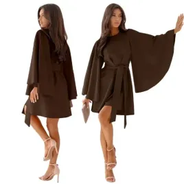 elegancka-trapezowa-sukienka-dlugi-szeroki-rekaw-wiazanie-czekolada