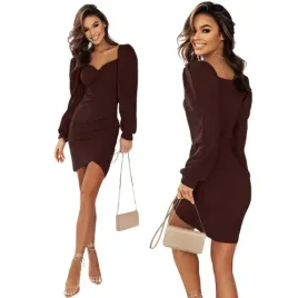 elegancka-dopasowana-sukienka-mini-bufiaste-rekawy-czekoladowa
