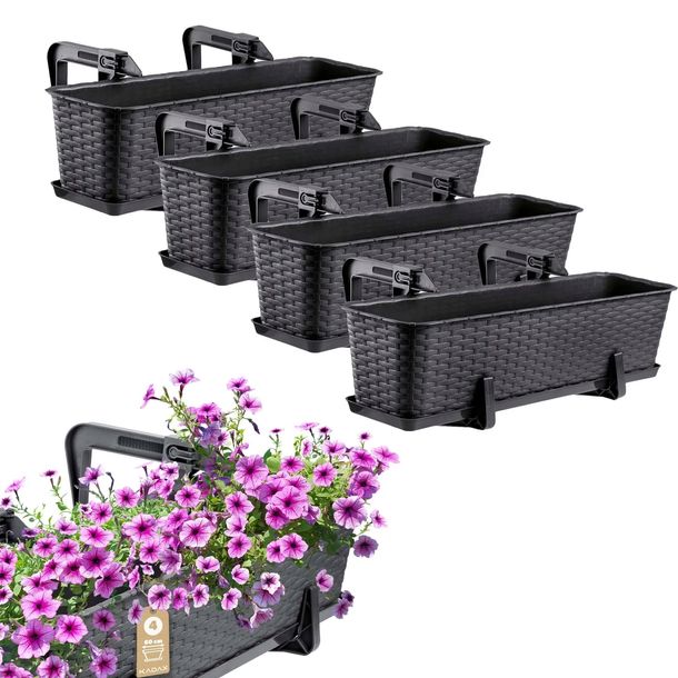 4x SKRZYNKA BALKONOWA DONICZKA DONICA 60cm Z UCHWYTAMI PODSTAWKA ANTRACYT