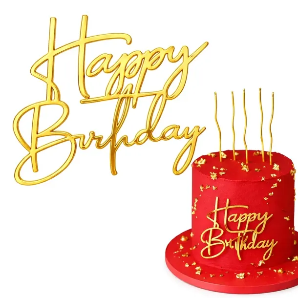 Elegancki złoty topper „Happy Birthday” na tort – dekoracja urodzin