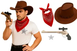 stroj-kowboj-brazowy-kapelusz-bandana-odznaka-rewolwer-pistolet