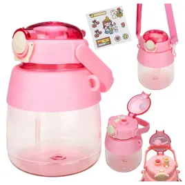 bidon-butelka-na-wode-1l-ze-slomka-i-smycza-naklejki-dla-dzieci-rozowy