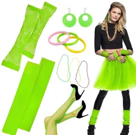 stroj-disco-zielony-neon-lata-80-spodniczka-rekawiczki-kolczyki-kabaretki