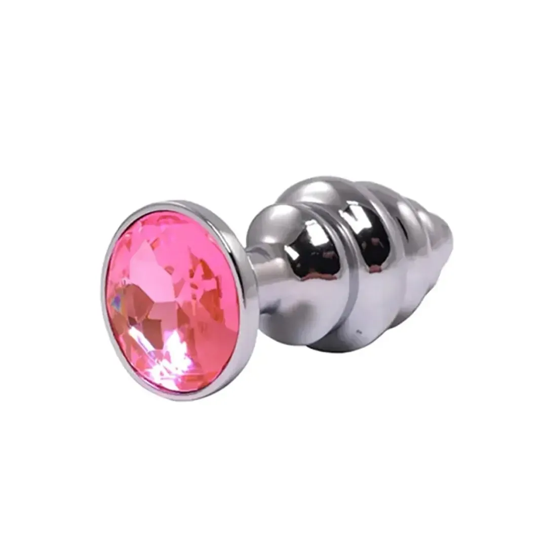 silver-medium-ribbed-butt-plug-with-pink-crystal