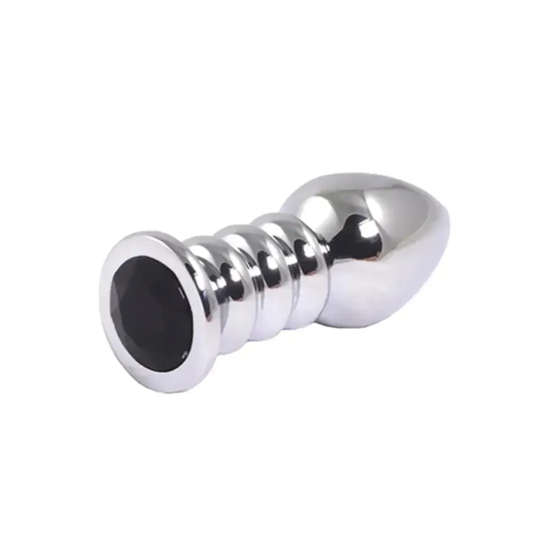silver-large-ribbed-butt-plug-with-black-crystal