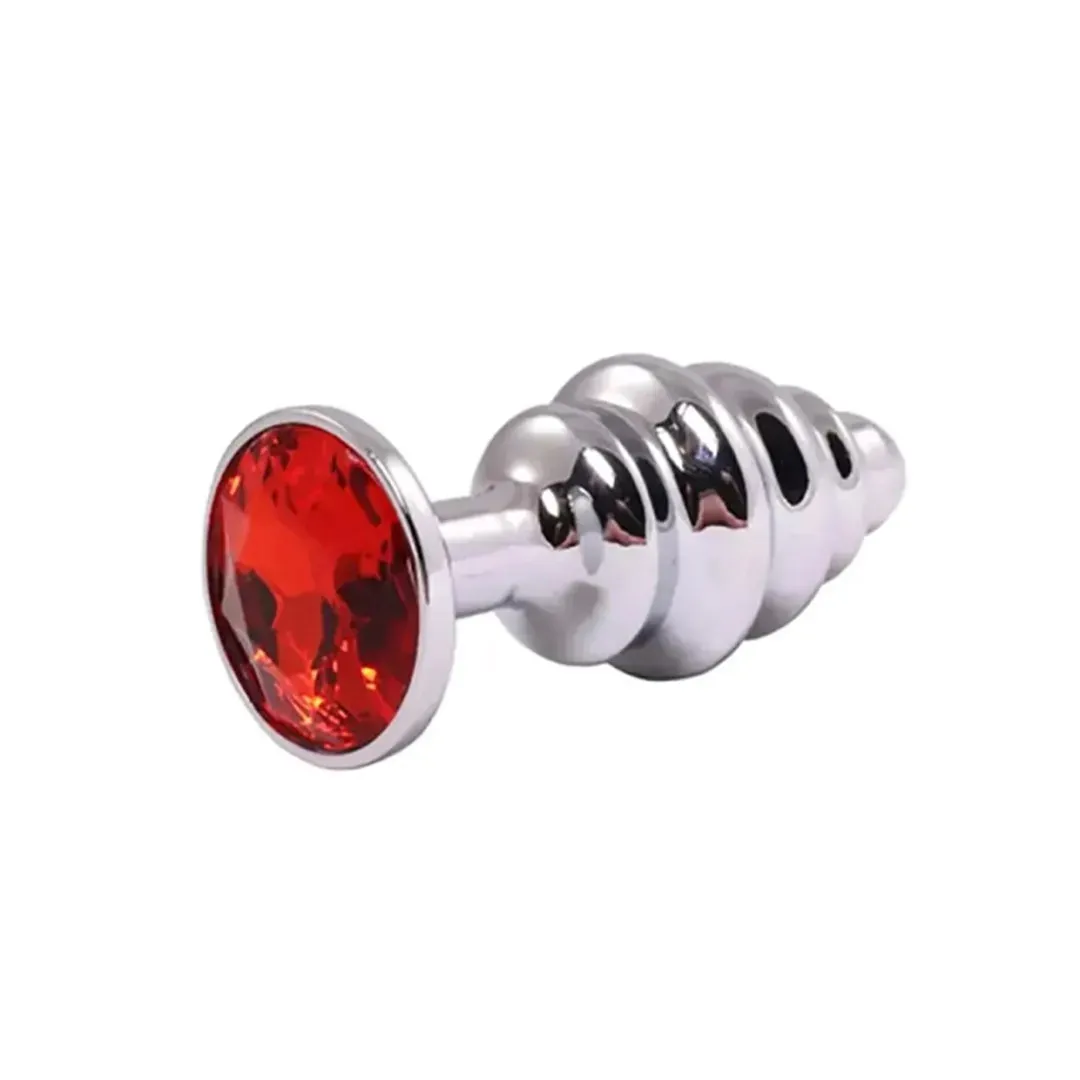 silver-medium-ribbed-butt-plug-with-red-crystal