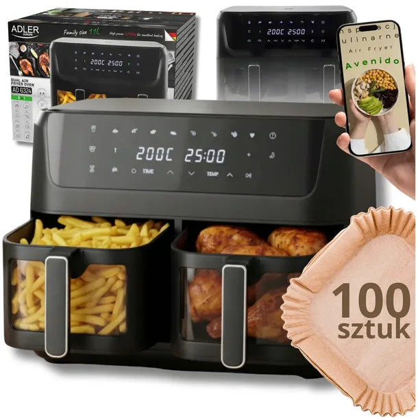 Frytkownica beztłuszczowa Dwukomorowa Adler 11L Air Fryer 2700W 8 programów